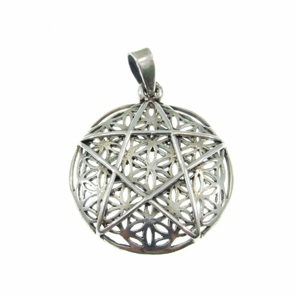Handcrafted Solid 925 Sterling Silver Flower of Life Pentacle Pentagram Pendant - Picture 2 of 6